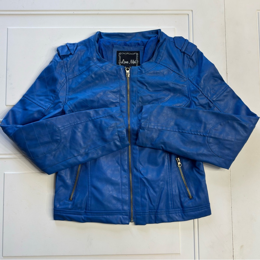 Love Moi Faux Leather Jacket Size Medium M Moto Biker Full Zip Blue